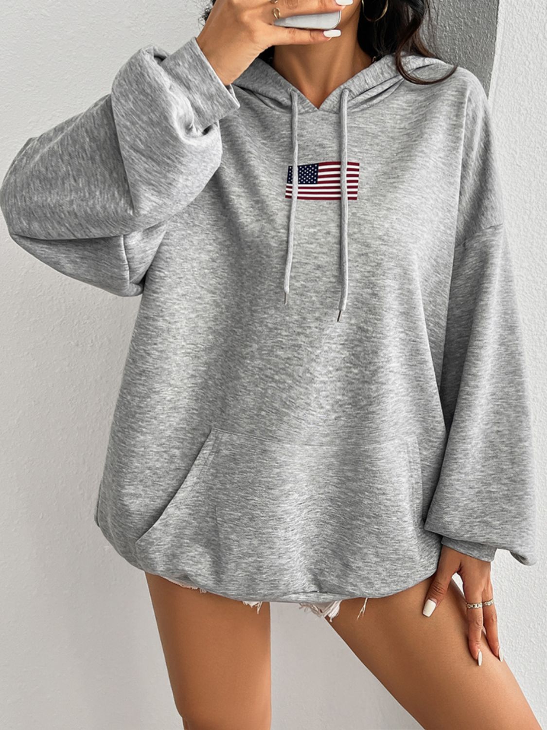 US Flag Long Sleeve Drawstring Hoodie