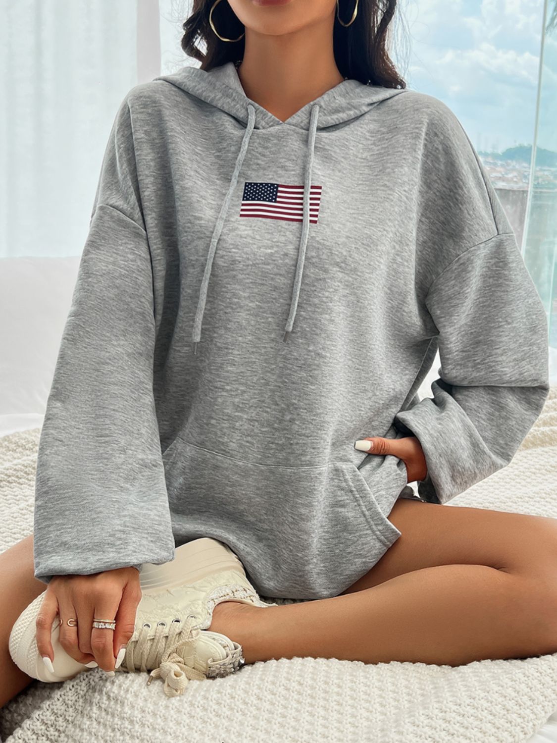 US Flag Long Sleeve Drawstring Hoodie