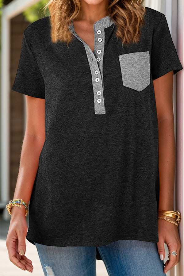 Full Size Half Button Short Sleeve T-Shirt - Chic Innovations, LLC