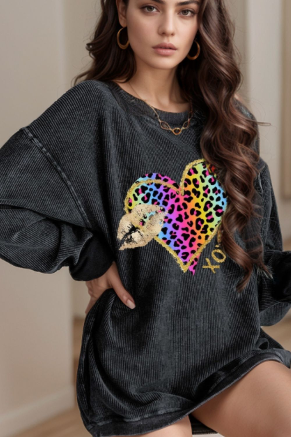 Leopard Print Drop Shoulder Long Sleeve Sweatshirt