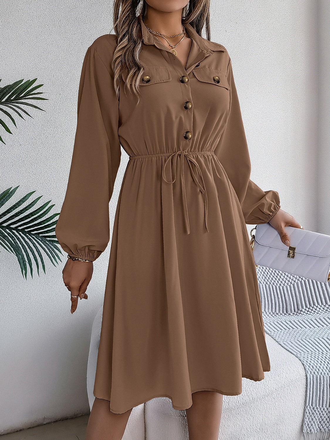 Collared Neck Long Sleeve Dress with Pockets - Chic Innovations, LLC