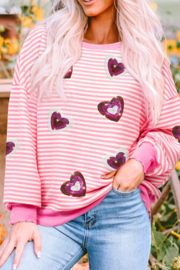 Valentine’s Day Sequin Heart Striped Long Sleeve Sweatshirt