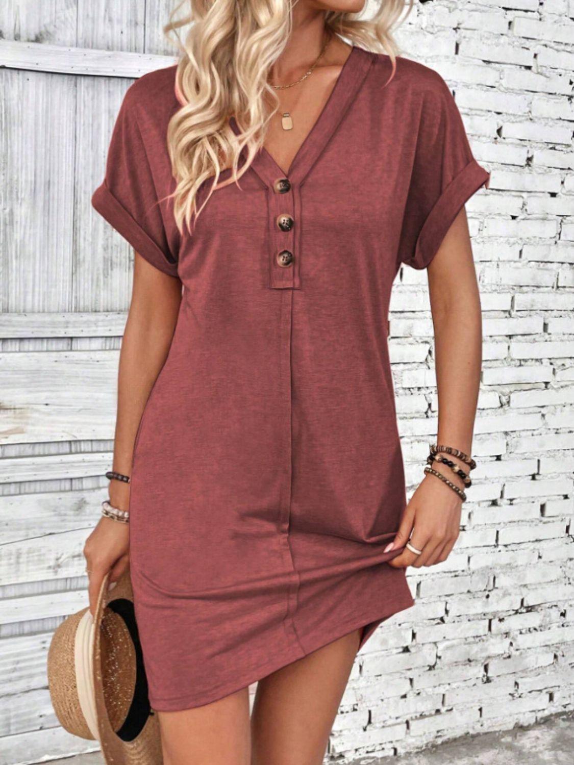 Quarter Button V-Neck Short Sleeve Dress - Chic Innovations, LLC