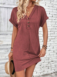 Quarter Button V-Neck Short Sleeve Dress - Chic Innovations, LLC