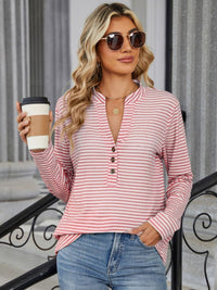 Striped Notched Long Sleeve T-Shirt - Chic Innovations, LLC