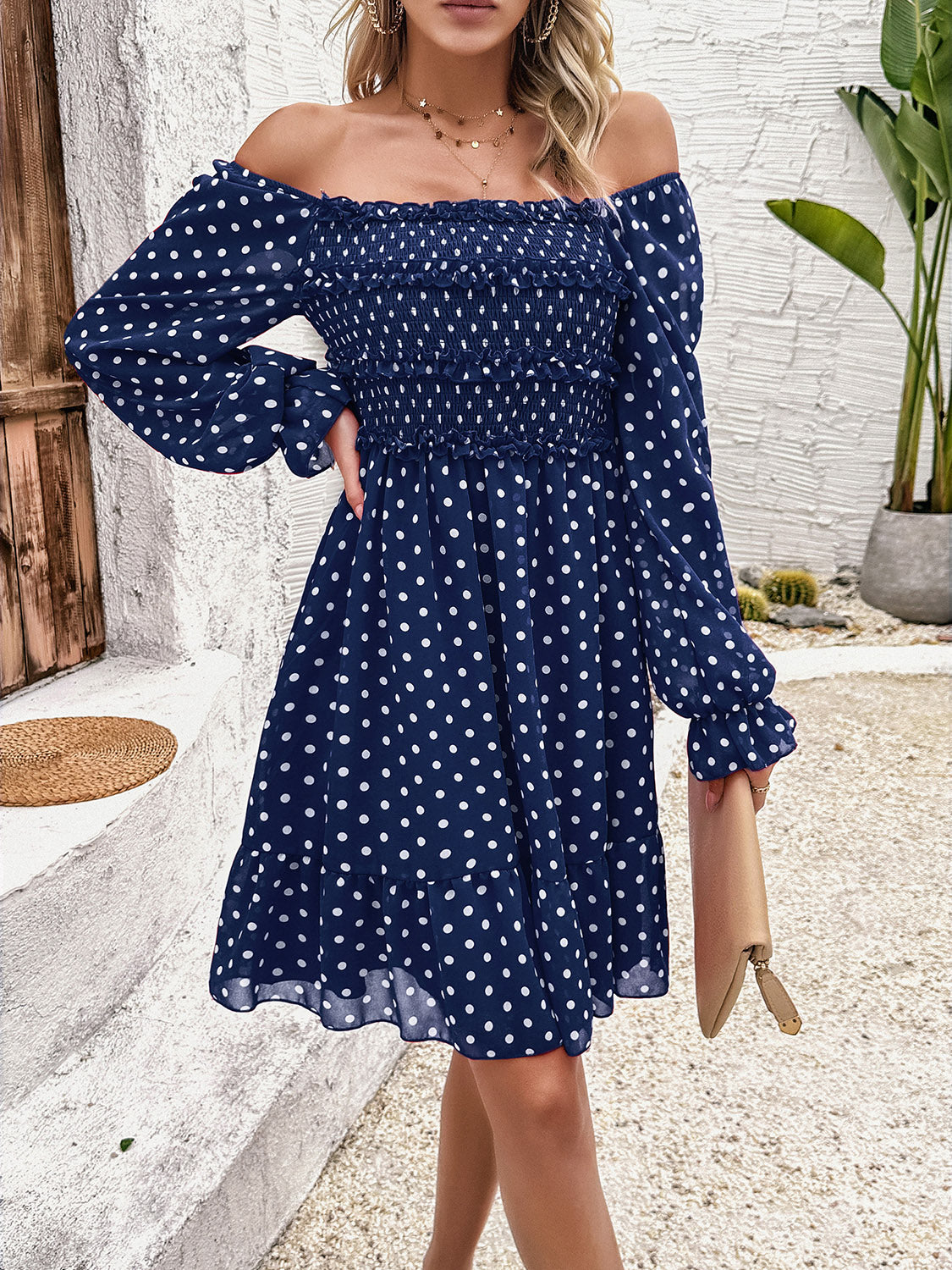 Devine Smocked Polka Dot Long Sleeve Dress - Chic Innovations, LLC