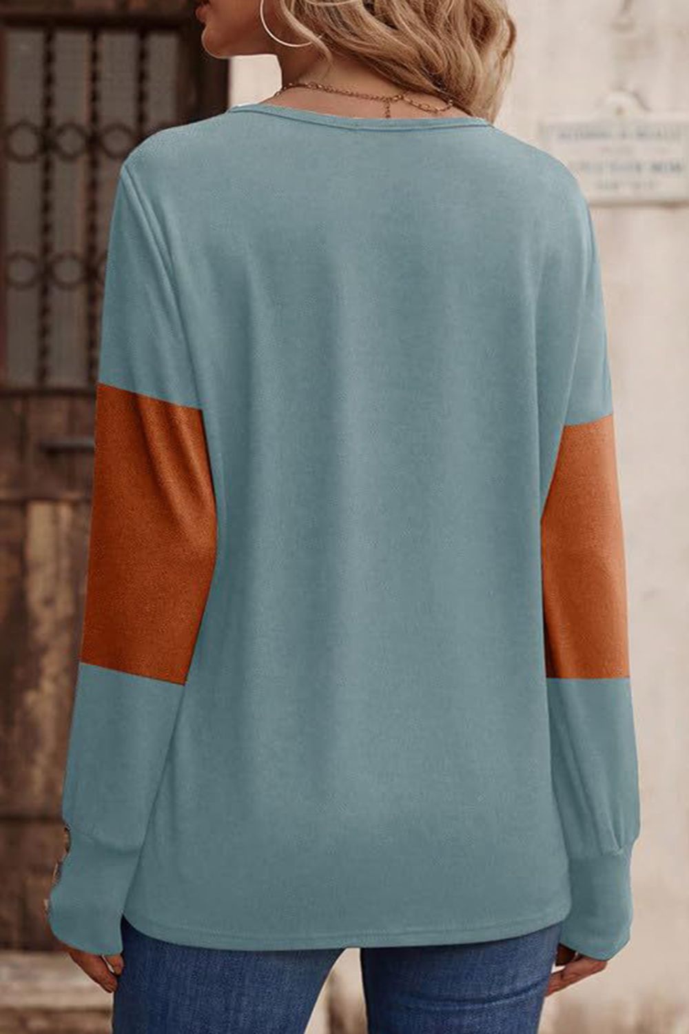 Decorative Button Contrast V-Neck Long Sleeve T-Shirt - Chic Innovations, LLC