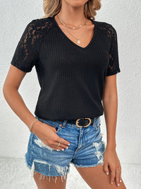 Ivy Lane Lace Detail V-Neck Short Sleeve T-Shirt - Chic Innovations, LLC