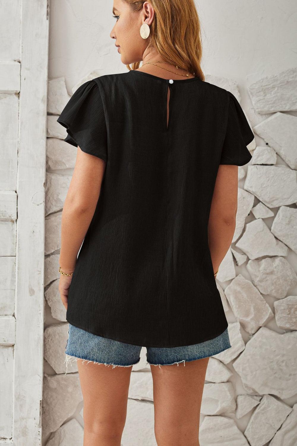 Round Neck Keyhole Cap Sleeve T-Shirt - Chic Innovations, LLC