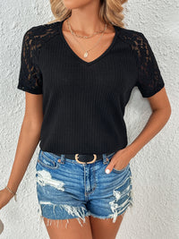 Ivy Lane Lace Detail V-Neck Short Sleeve T-Shirt - Chic Innovations, LLC