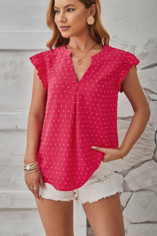 Swiss Dot Ruffled Cap Sleeve T-Shirt - Chic Innovations, LLC