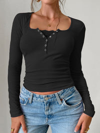 Devine Square Neck Half Snap Long Sleeve T-Shirt - Chic Innovations, LLC