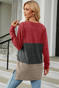 Color Block Round Neck Long Sleeve T-Shirt - Chic Innovations, LLC