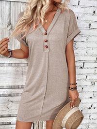 Quarter Button V-Neck Short Sleeve Dress - Chic Innovations, LLC