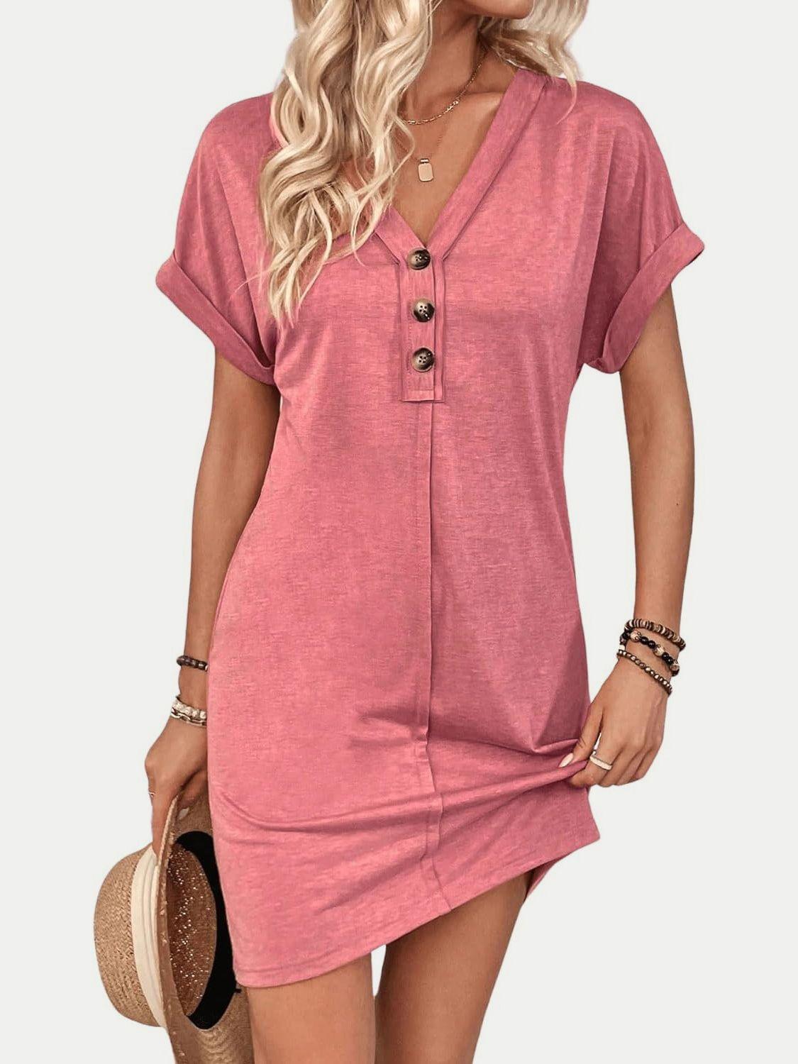 Quarter Button V-Neck Short Sleeve Dress - Chic Innovations, LLC