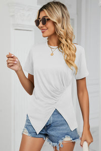 Ruched Round Neck Short Sleeve T-Shirt - Chic Innovations, LLC