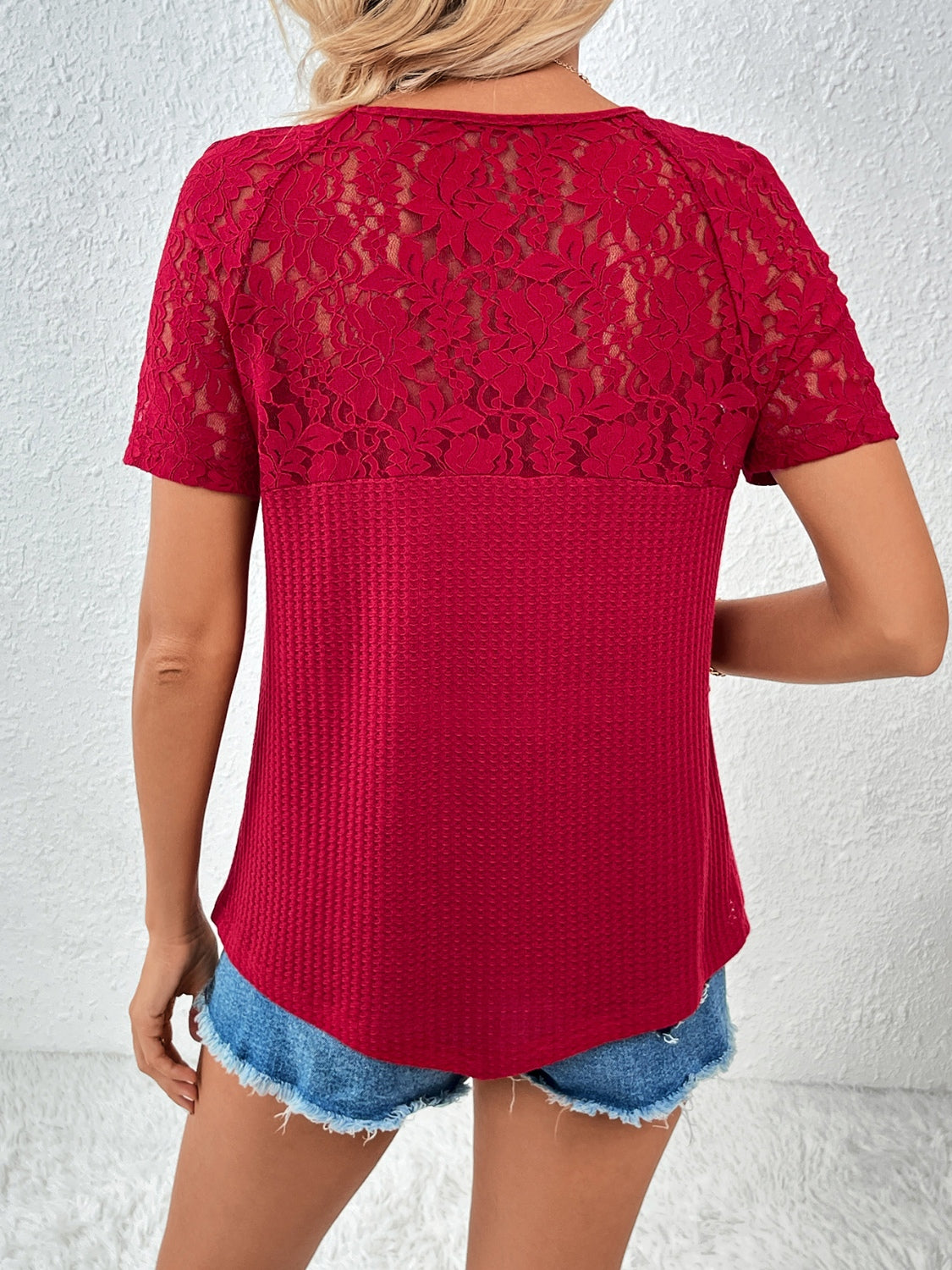 Ivy Lane Lace Detail V-Neck Short Sleeve T-Shirt - Chic Innovations, LLC