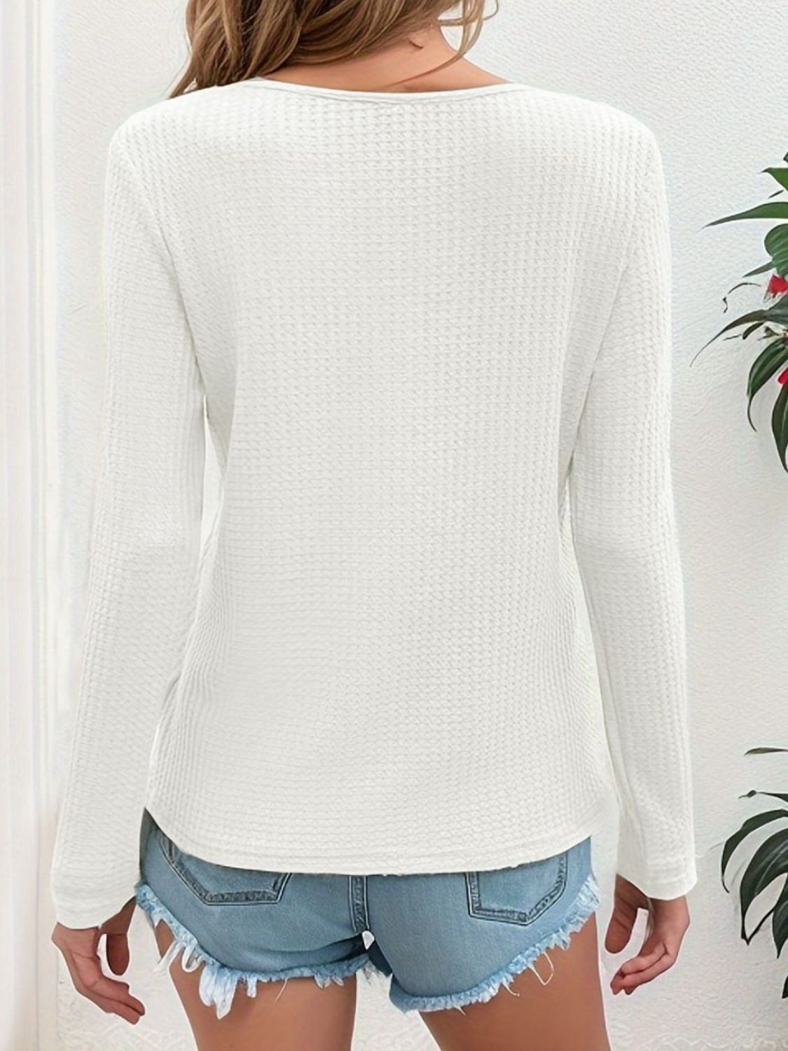 Waffle-Knit V-Neck Long Sleeve Top - Chic Innovations, LLC