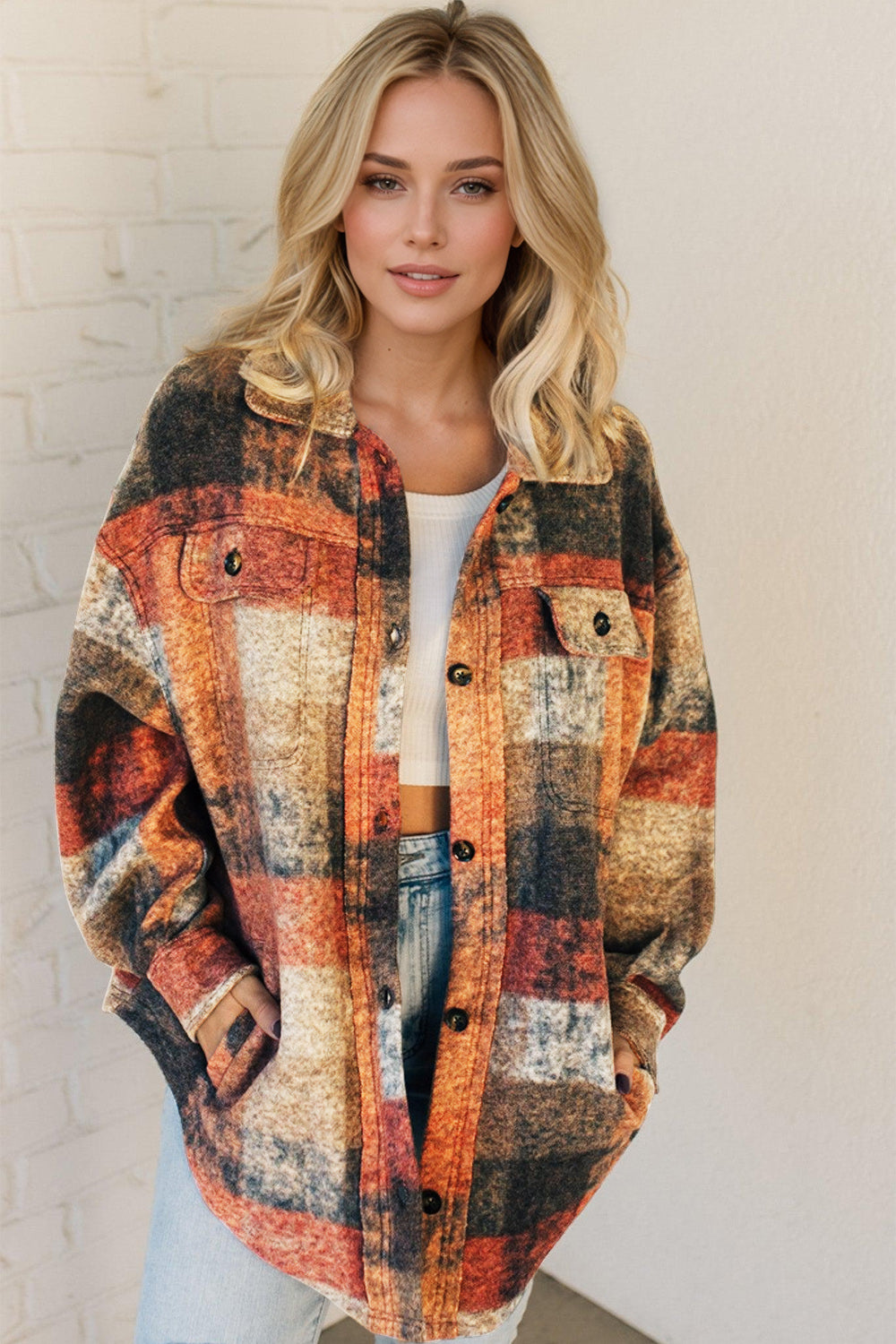 Double Take Plaid Fleece Shacket with Pockets