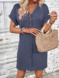 Quarter Button V-Neck Short Sleeve Dress - Chic Innovations, LLC