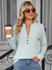 Striped Notched Long Sleeve T-Shirt - Chic Innovations, LLC