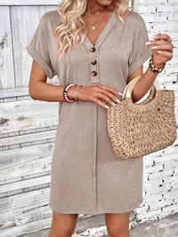 Quarter Button V-Neck Short Sleeve Dress - Chic Innovations, LLC