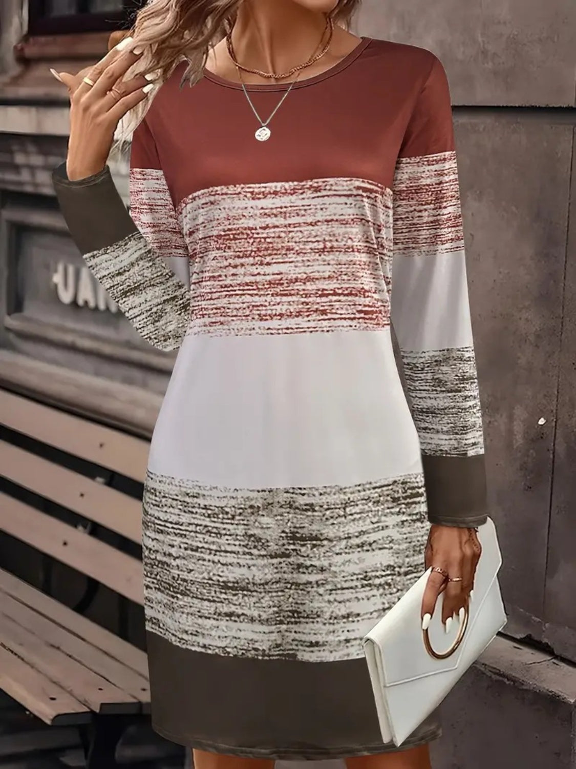 Color Block Round Neck Long Sleeve Dress - Chic Innovations, LLC