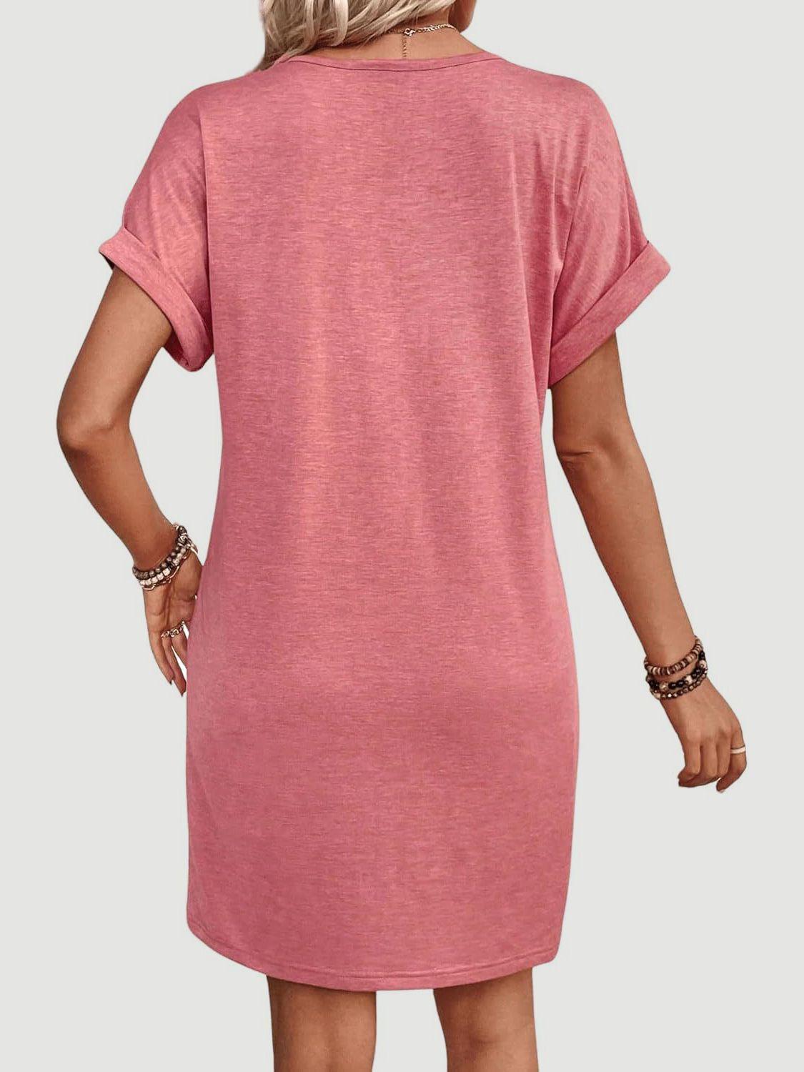 Quarter Button V-Neck Short Sleeve Dress - Chic Innovations, LLC