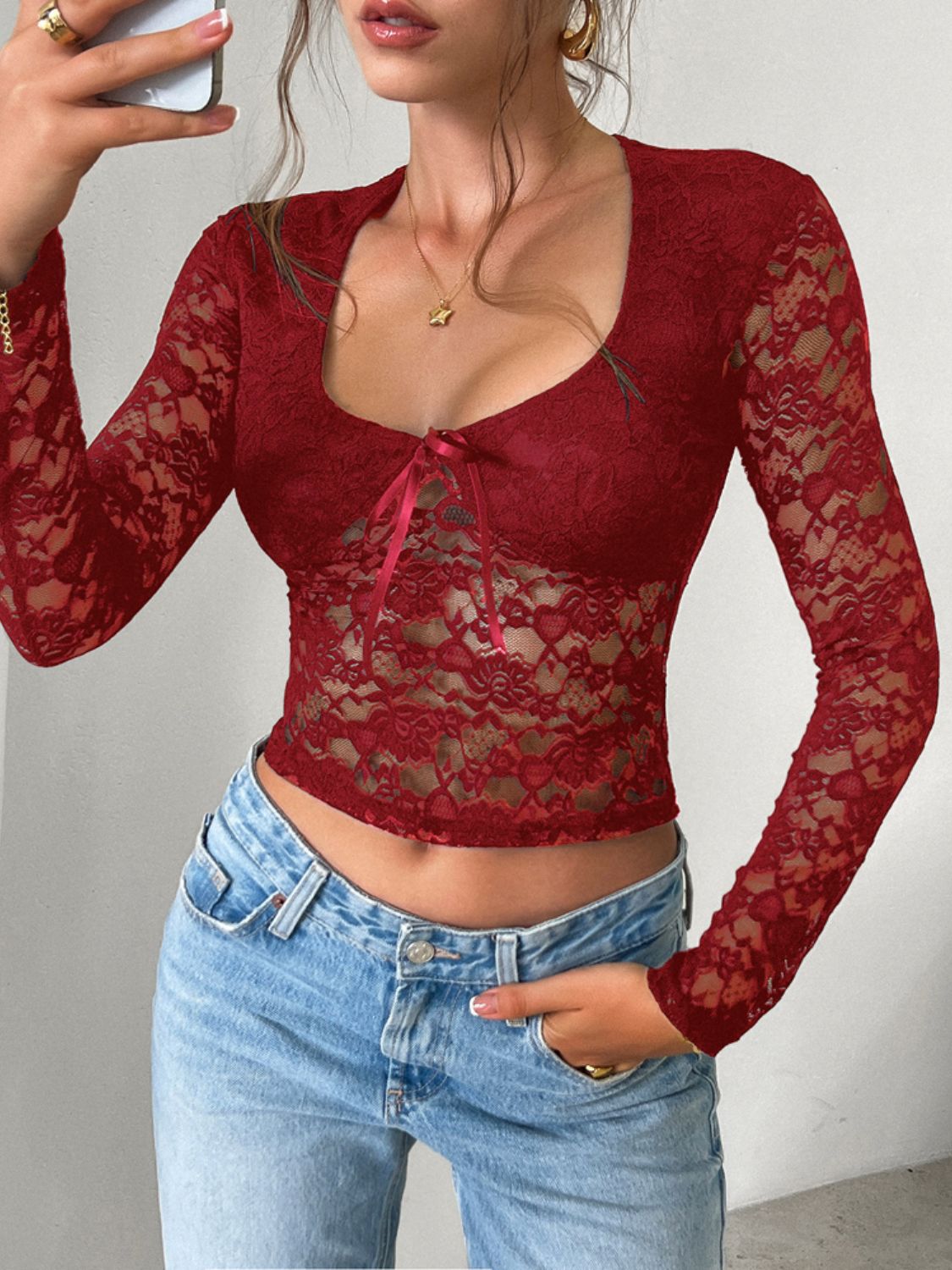 Devine Scoop Neck Long Sleeve Lace Top - Chic Innovations, LLC