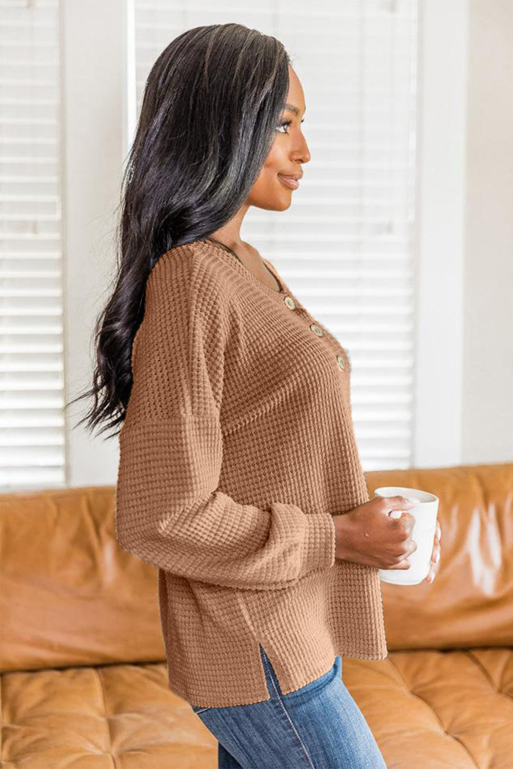 Slit Waffle Knit Long Sleeve T-Shirt - Chic Innovations, LLC