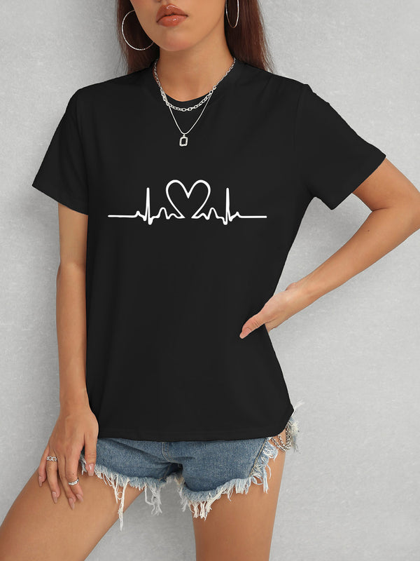 Heart Round Neck Short Sleeve T-Shirt - Chic Innovations, LLC