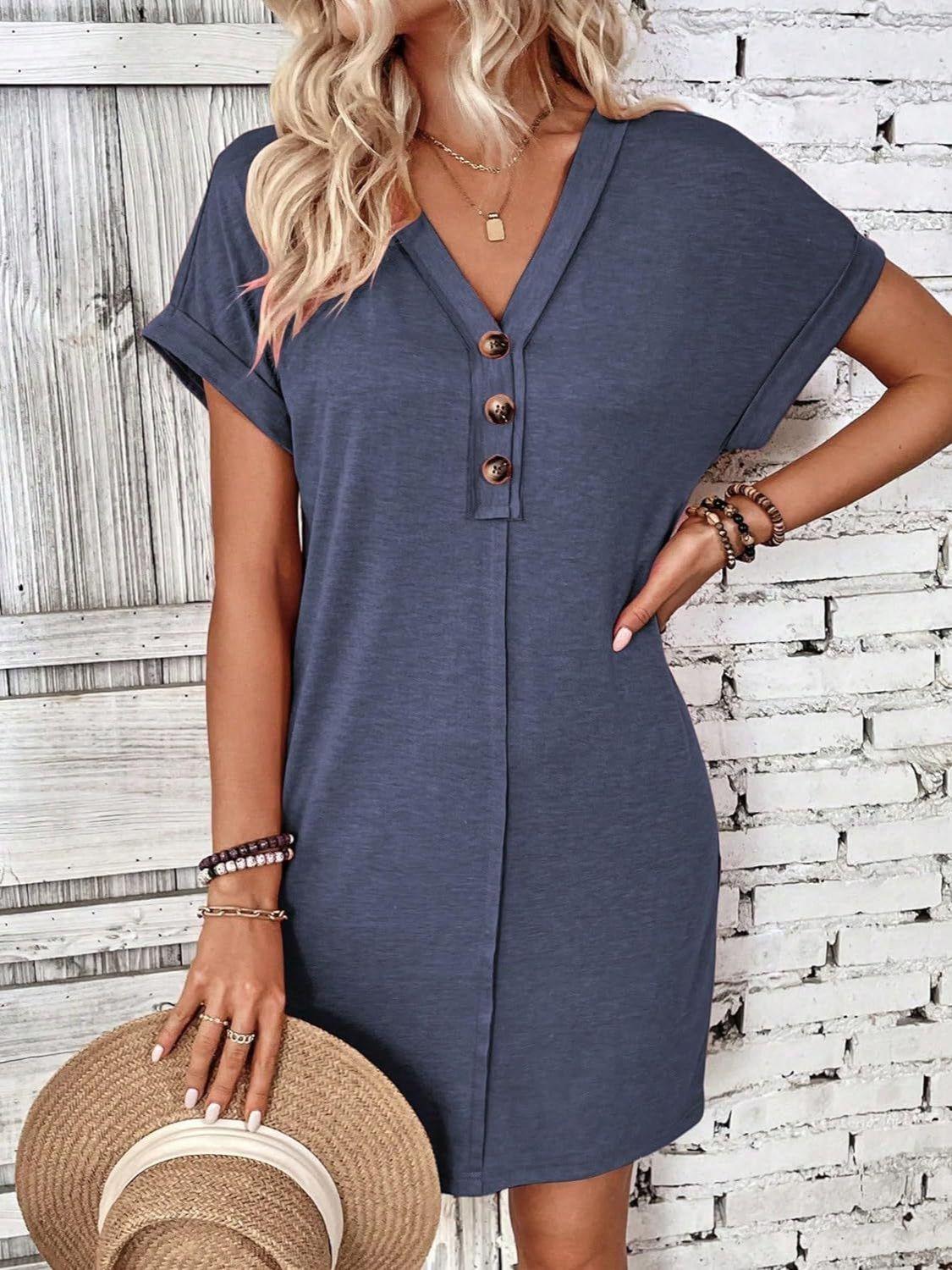 Quarter Button V-Neck Short Sleeve Dress - Chic Innovations, LLC