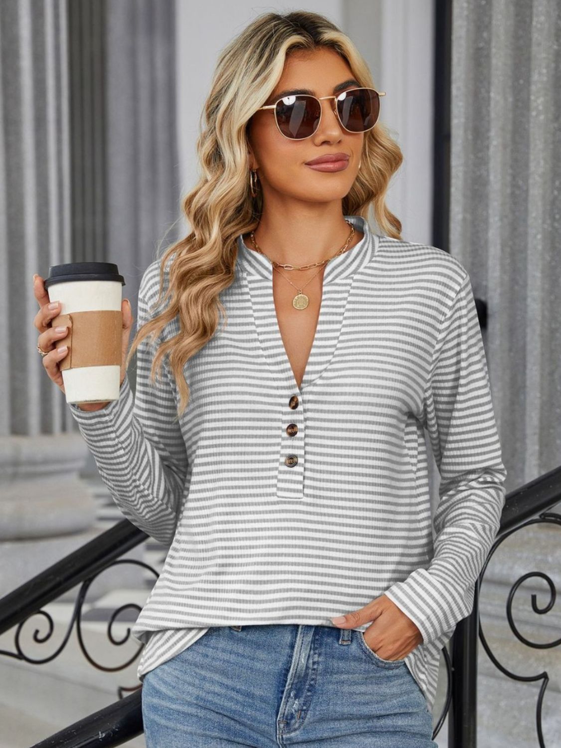 Striped Notched Long Sleeve T-Shirt - Chic Innovations, LLC