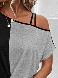 Contrast Asymmetrical Neck Short Sleeve T-Shirt - Chic Innovations, LLC