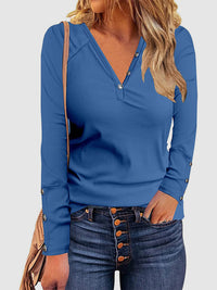 Decorative Button V-Neck Long Sleeve T-Shirt - Chic Innovations, LLC