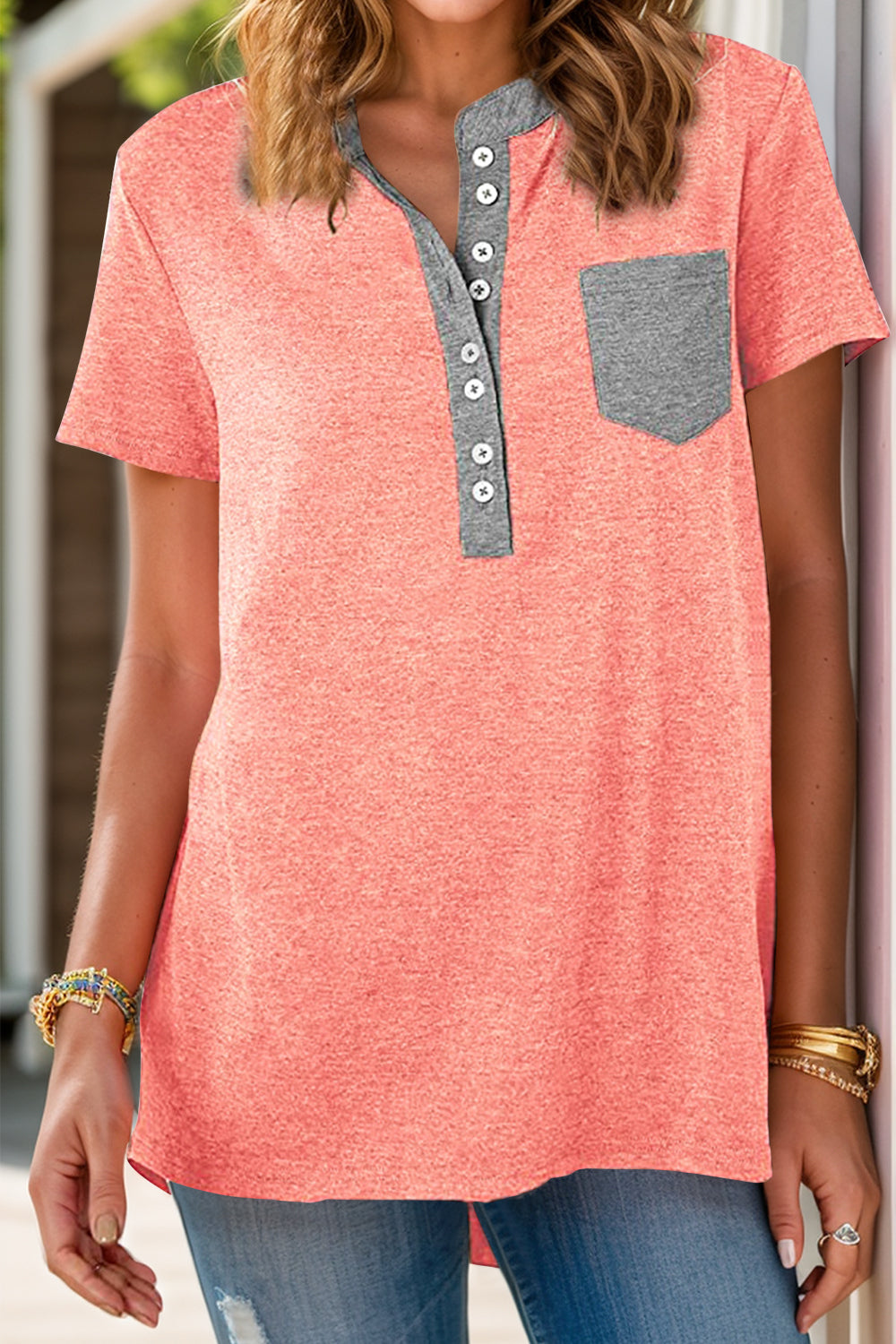 Full Size Half Button Short Sleeve T-Shirt - Chic Innovations, LLC