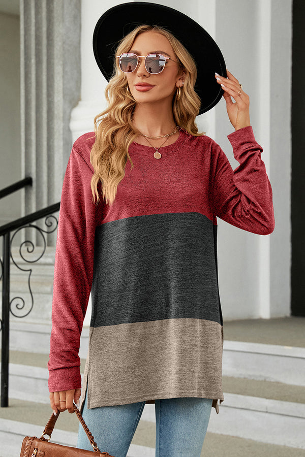 Color Block Round Neck Long Sleeve T-Shirt - Chic Innovations, LLC