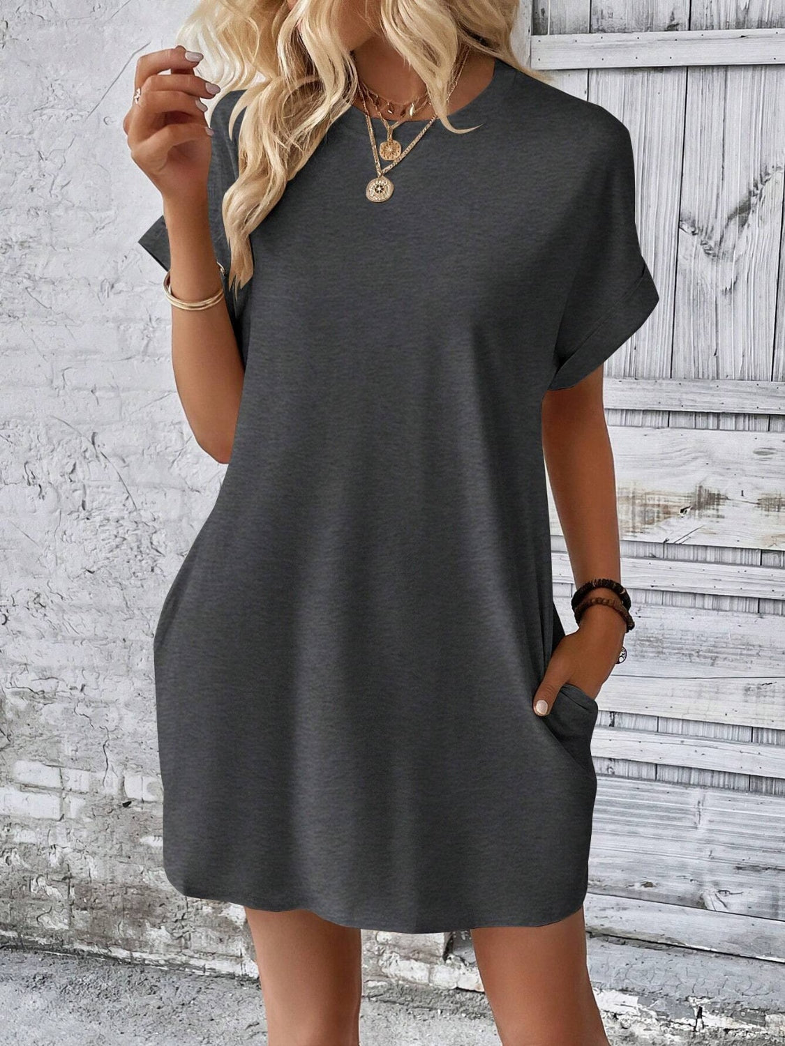 Round Neck Short Sleeve Mini Dress - Chic Innovations, LLC