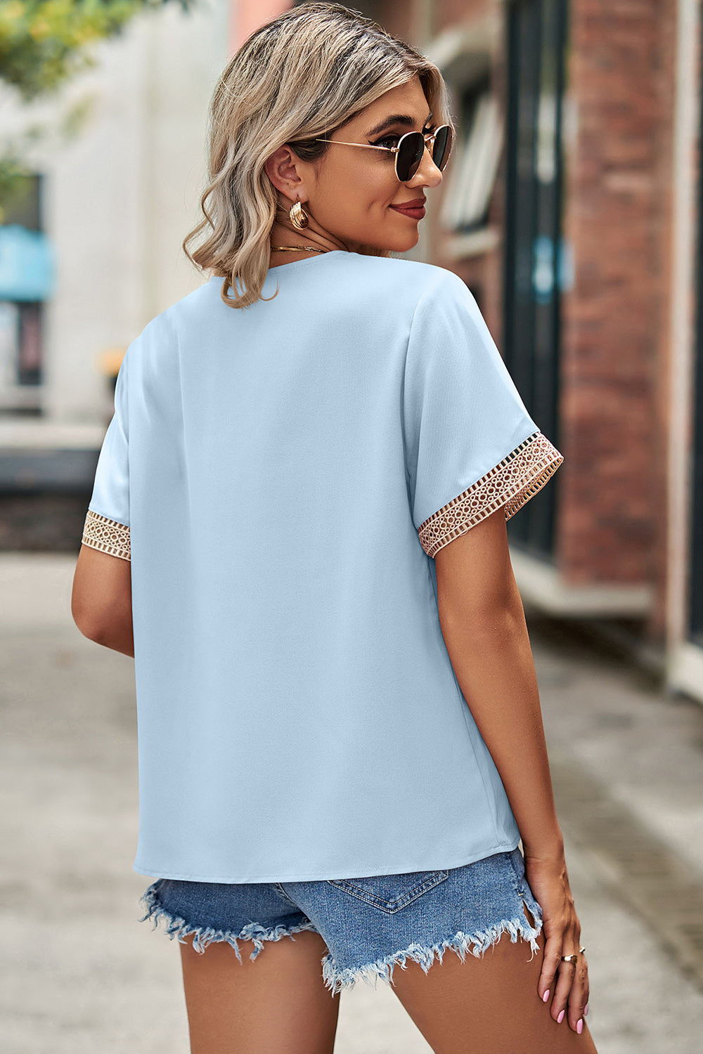 Openwork V-Neck Short Sleeve T-Shirt - Chic Innovations, LLC