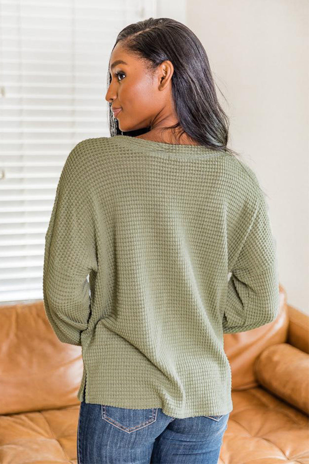 Slit Waffle Knit Long Sleeve T-Shirt - Chic Innovations, LLC