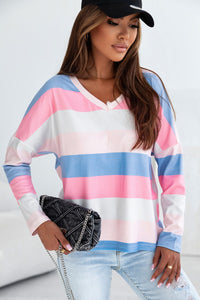 Color Block V-Neck Long Sleeve T-Shirt - Chic Innovations, LLC