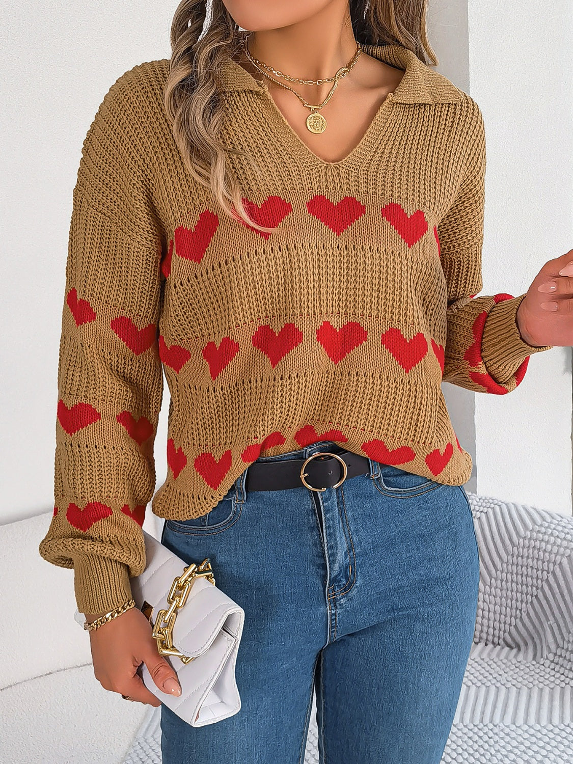 Johnny Collar Heart Long Sleeve Sweater