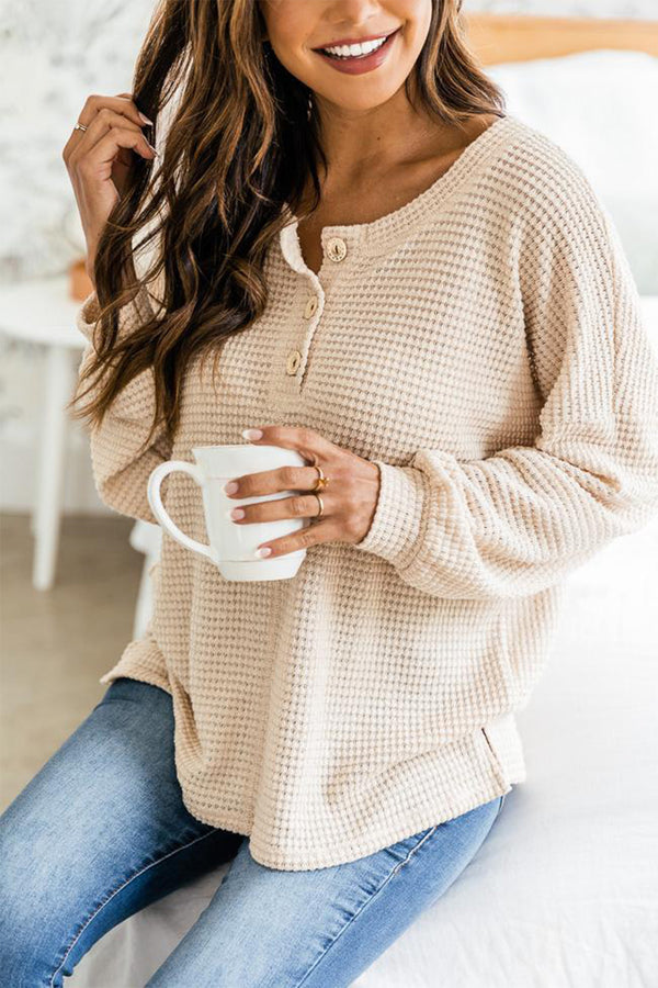 Slit Waffle Knit Long Sleeve T-Shirt - Chic Innovations, LLC