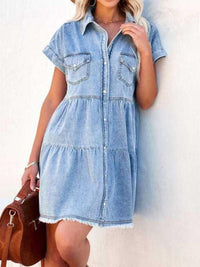 Raw Hem Short Sleeve Denim Dress - Chic Innovations, LLC