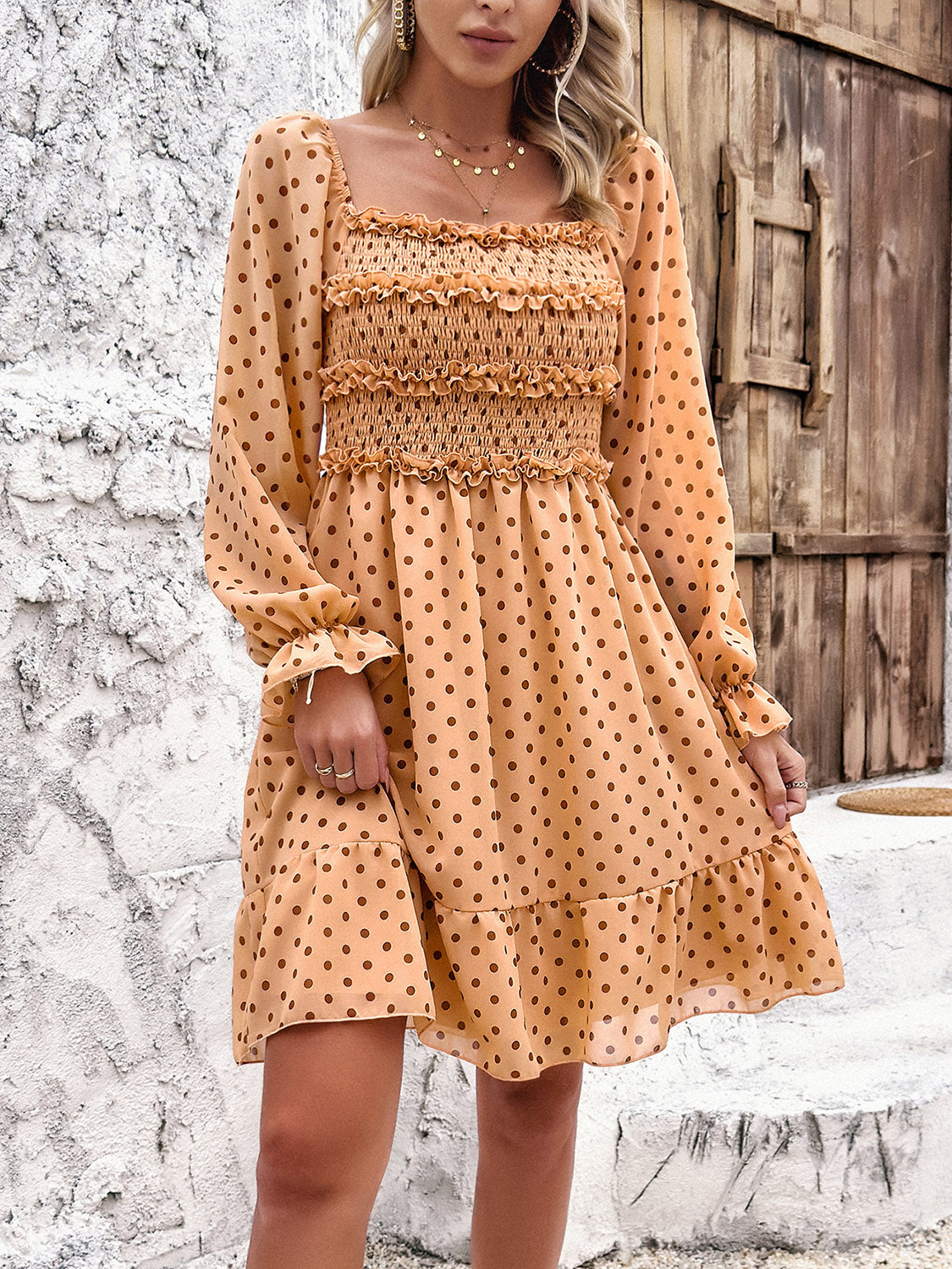 Devine Smocked Polka Dot Long Sleeve Dress - Chic Innovations, LLC