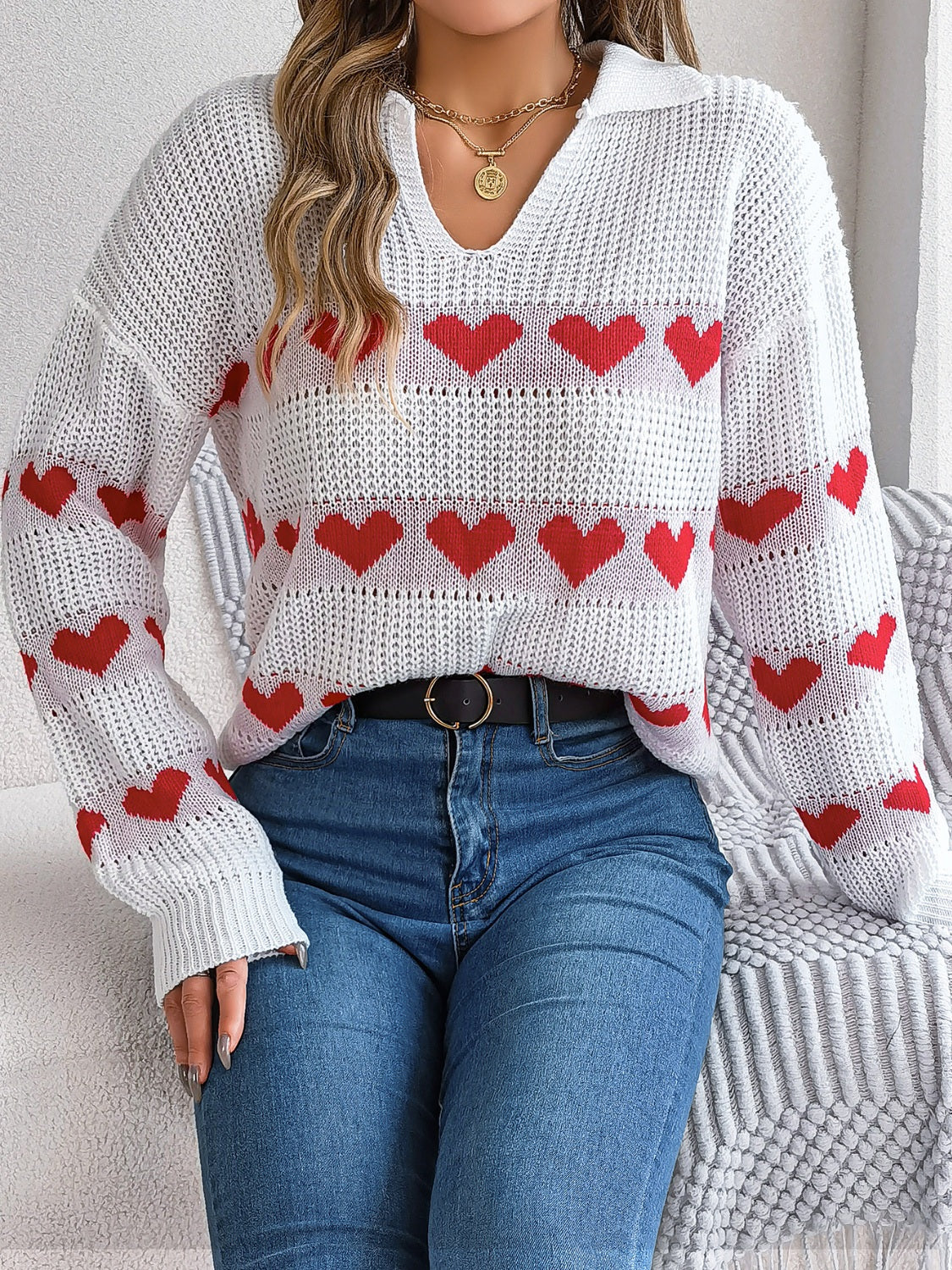 Johnny Collar Heart Long Sleeve Sweater