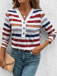 Contrast Striped V-Neck Long Sleeve T-Shirt - Chic Innovations, LLC