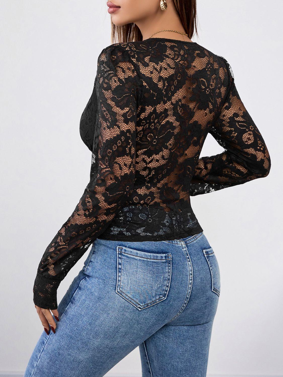 Perfee V-Neck Long Sleeve Lace Top - Chic Innovations, LLC