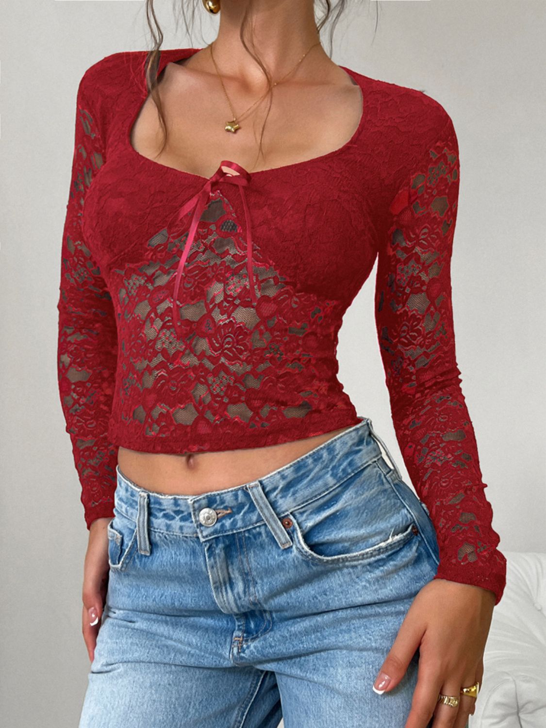 Devine Scoop Neck Long Sleeve Lace Top - Chic Innovations, LLC