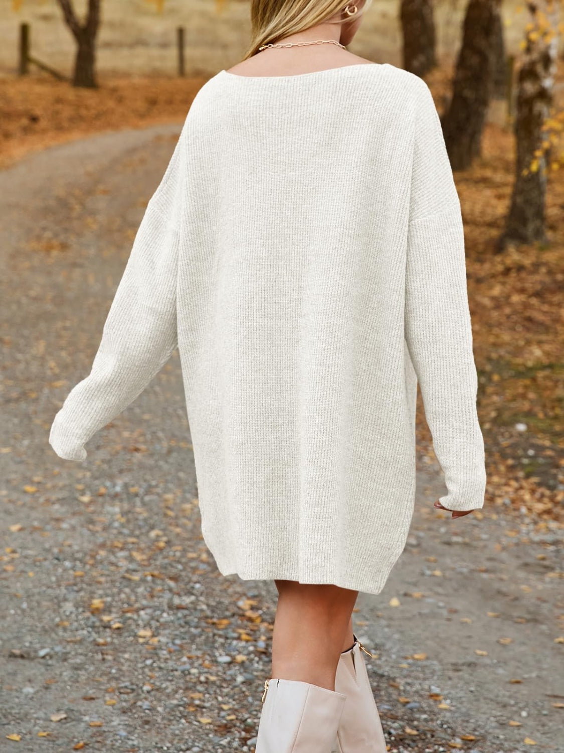 V-Neck Dropped Shoulder Sweater Dress - Chic Innovations, LLC